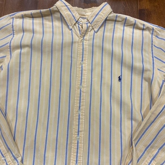 Polo Ralph Lauren Vintage 90s Striped Yellow Blue Button Down Men's Size XLT - Picture 2 of 7